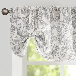Floral Valance Curtain Grey Linen Farmhouse Lined Tie Up Valance for Kitchen Living Room Bedroom Country Valances Window Treatments Small Curtian 18 Inch Rod Pocket 1 Panel, Gray on Beige