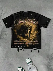 Men's and Women's Retro Jesus Short Sleeve T-Shirt with Rips and Tassels, European and American Trendy Casual Print, 2026 Summer New Arrival, American Vintage Christian Style