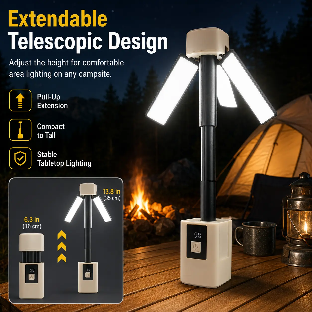 Retractable Foldable LED Camping Lantern - USB-Recharge, Dimmable, 360° Adjustable, Hangable Flood & Work Light, Portable for Camping, Hiking