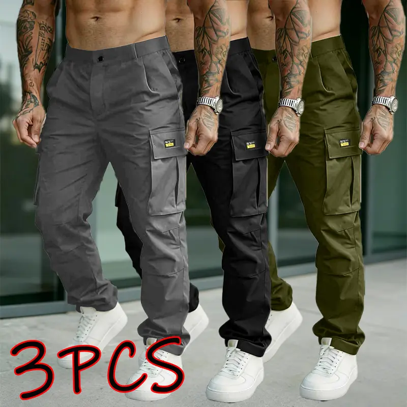 Men’s streetwear utility cargo pants, multi-pocket tactical joggers with elastic waistband, anti-fouling and wear-resistant, suitable for outdoor hiking and mountaineering