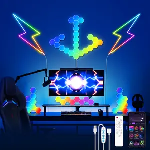 Smart Hexagonal Wall Lamp, 5V 2M Silicone Neon Rope Light, DIY Shape Dreamcolor Chasing LED Strip, 16 Million Color Changing Ambient Night Light, Music Sync & Smart APP Control RGB Gaming LED Light for Bedroom, Game Room and Home Decor