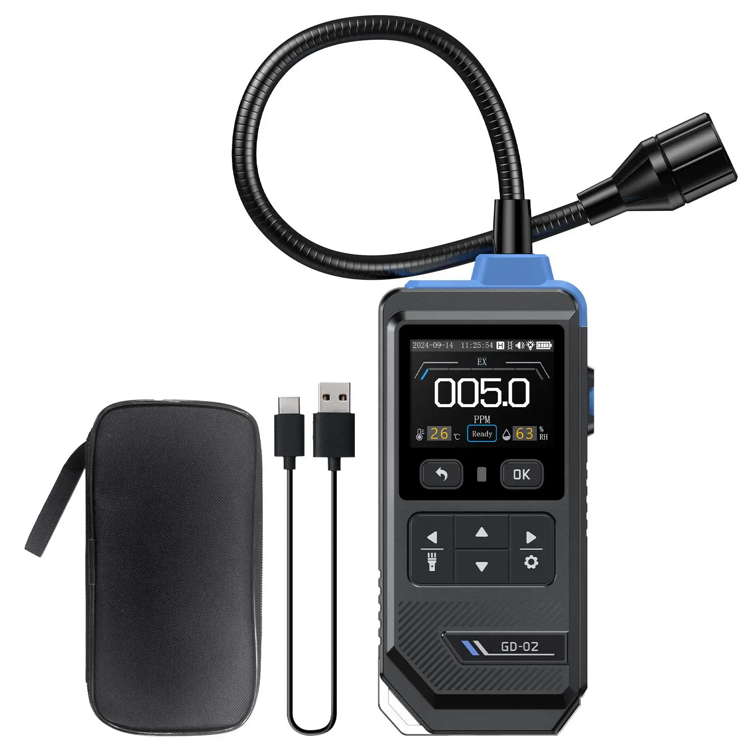 FNIRSI GD-02 Portable Handheld Gas Leak Detector - 36cm Probe, 3 Alarms, 50000PPM Color Screen Display for Methane, LPG Detection in Home Security Systems, Home Security System
