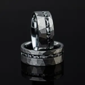 Galactic Stellar - Silver Meteorite Ring, Hammered Tungsten Ring, 8mm Width