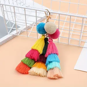 Bohemian Fringe Fuzzy Keychain Set, Multicolor Layered Pom-Pom Bag Charm, Aesthetic Accessory for Tote Bags, Fashionable Keyring Decor