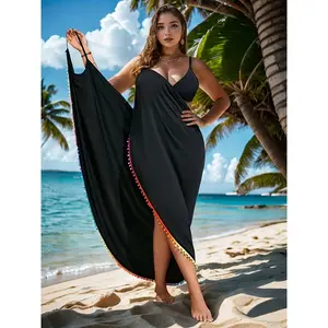 Women's Bohemian Summer Smock Cover-Up - Lightweight Solid Color Beach Cover-Up with Fringe Details, Machine Washable Loose Fit for Poolside & Vacation Wear, Modest Beach Attire, Flowy Beach Coverup, Colorful Tassel Details