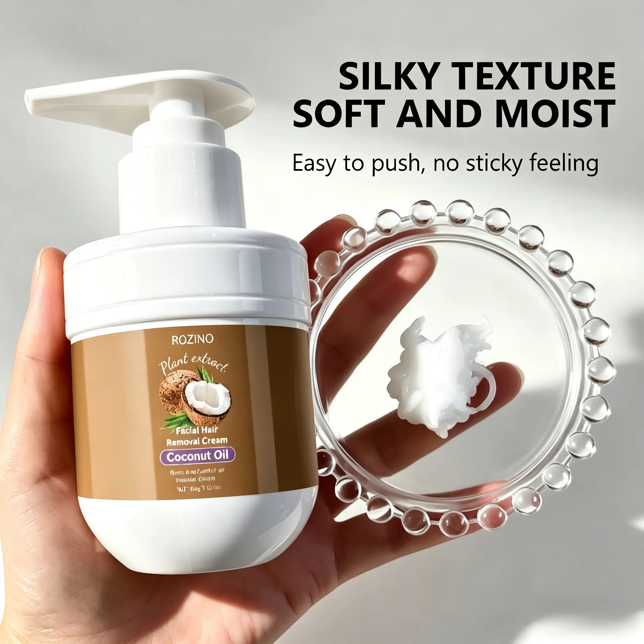 Coconut Oil Hair Removal Cream - Gentle, Soothing Plant-Based Depilatory for At Home Facial Hair Removal on Face, Upper Lip & Arms - Mild Cosmetic Formula, 100g, At Home Hair Removal, Facial Hair Management Shaving