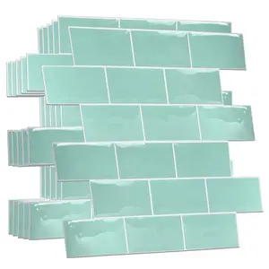 WALPLUS 20 Sheets Glossy Peel and Stick Kitchen Bathroom Backsplash Decorative Tile Stickers Stick on Subway Tile 12" x 6" Green Glossy peel and