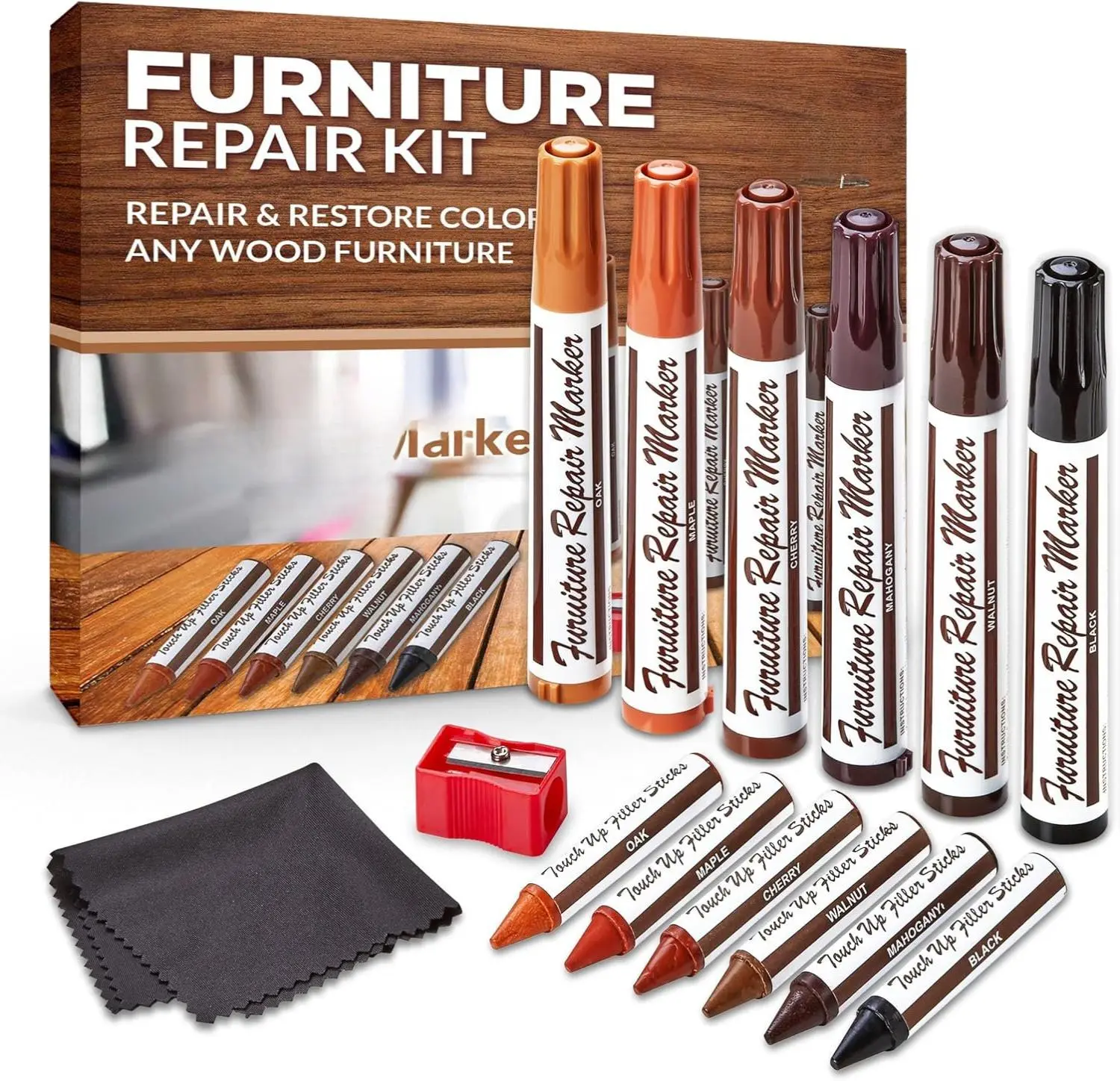 Wood Scratch Repair Kit Markers - Set of 13 - Scratch & Stain Markers, Furniture Repair Pens for Touch-Up on Wood Furniture, Tables, Desks, Bedposts - Carpenter's Essential Toolkit