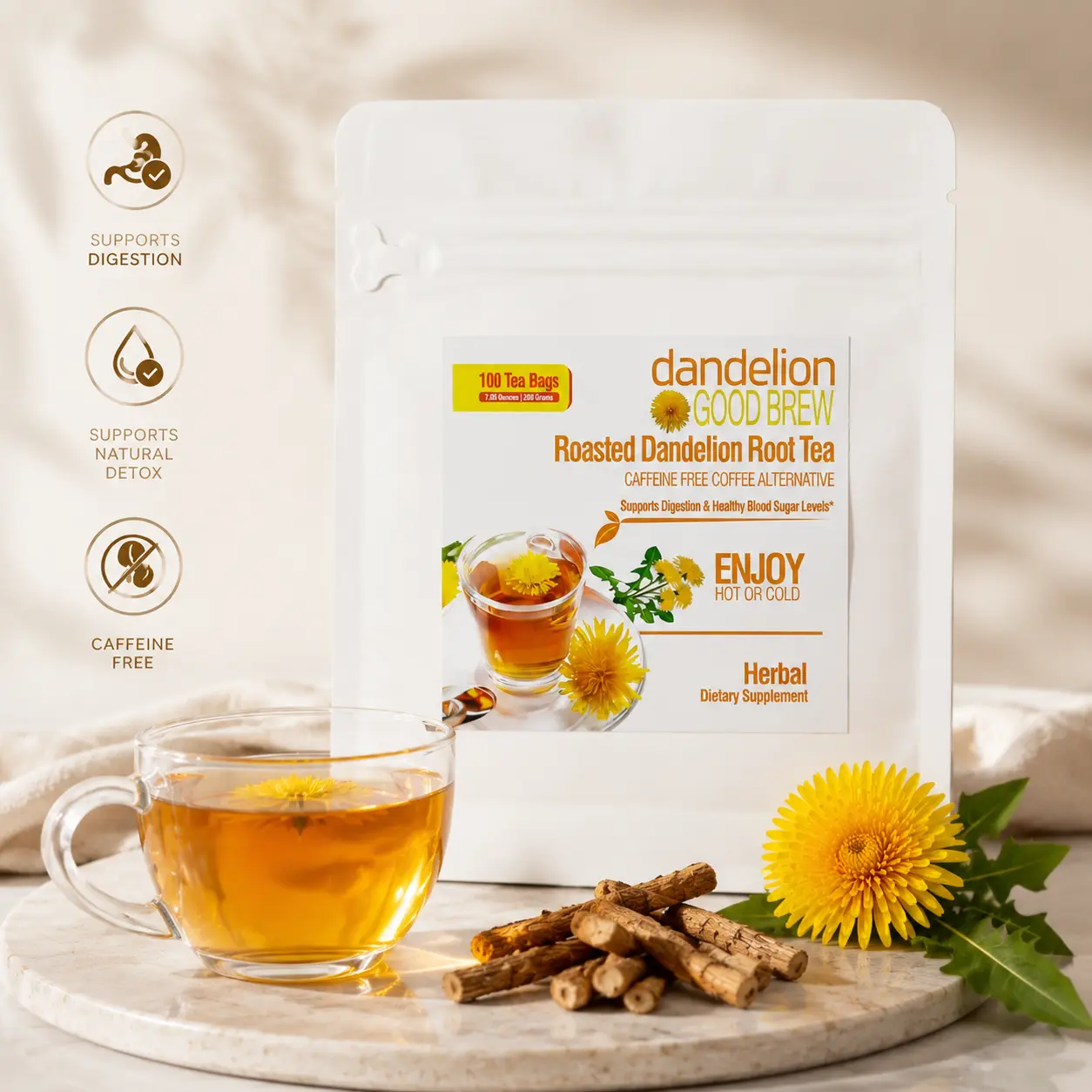 Natural Roasted Dandelion Root Nourishing Tea Bags (100 Count) - Beverage, Vegetarian, No Added Sugar, Caffeine-Free, Coffee Substitute, Liver & Kidney Support, Bloating Relief, Digestive Wellness, Adult Office Essential