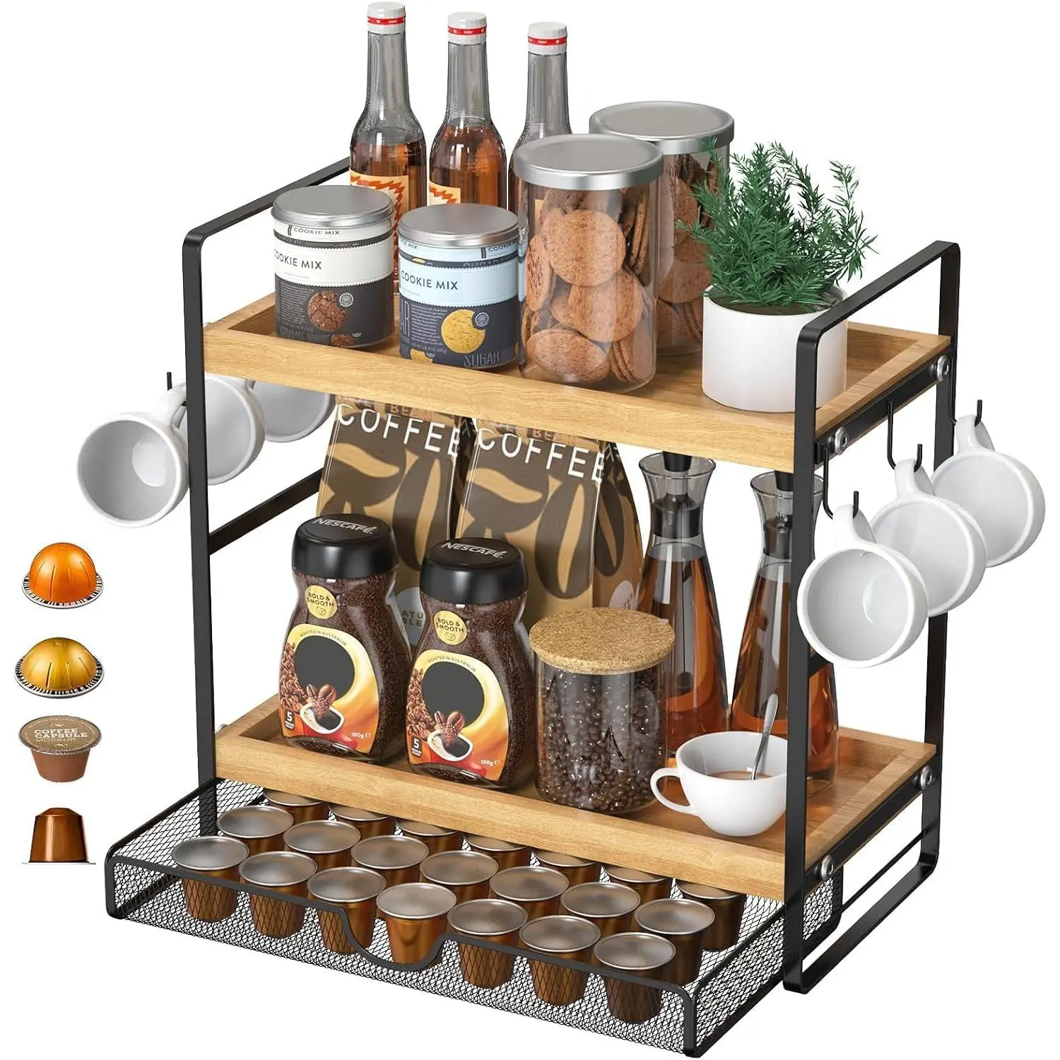 Coffee Station Organizer with Pod Holder and Drawer, Kitchen Countertop Organizer, Coffee Bar Accessories Station with Coffee Pod Storage, 2-Tier  Coffee Organizer With 6 Hooks