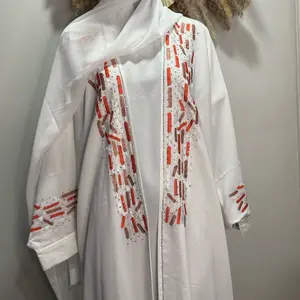 Classy White Embroidered 3-Piece Farasha Abaya with Orange Accents and stoned Details muslim woman gown
