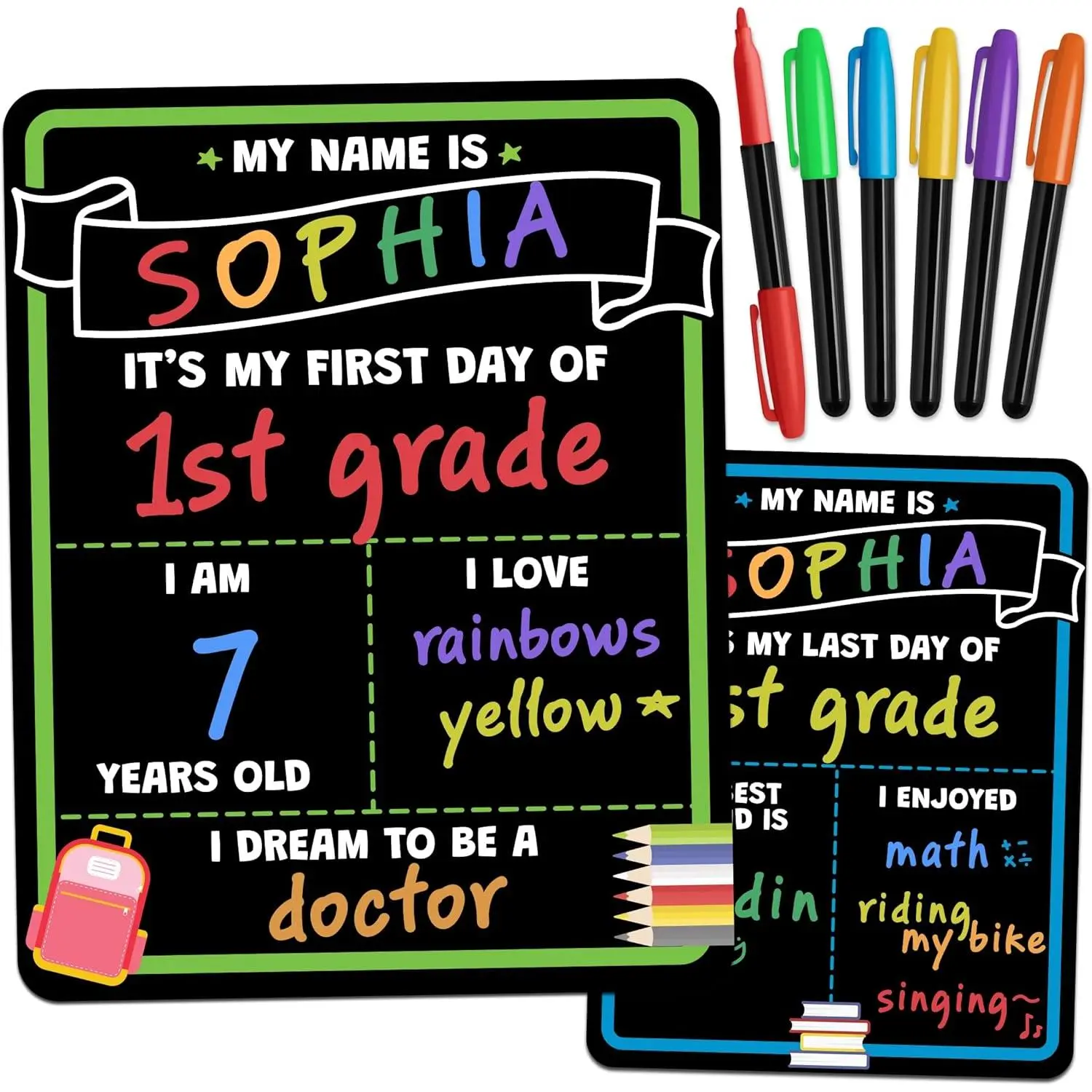 My First Day of School Sign Board with Liquid Chalk Markers - 14"x11" Double-Sided   - First and Last Day -  to School Board for ,