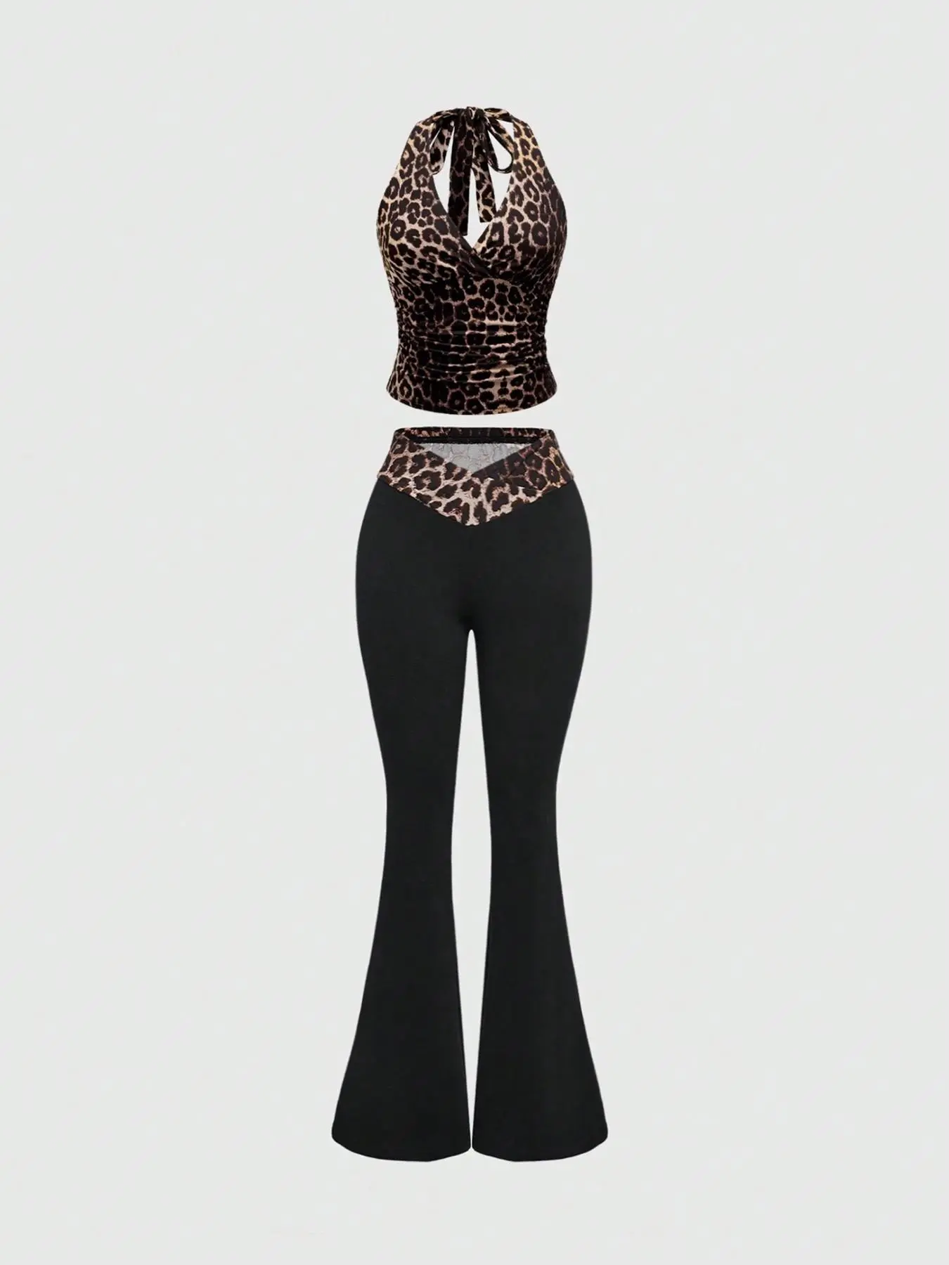 Two-piece Set Women's Leopard Print Halter Top & Flare Leg Pants, Casual Top for Daily Outdoor Wear, Ladies Summer Clothes, Casual Outfits Women, Casual Loungewear Set