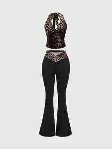 Two-piece Set Women's Leopard Print Halter Top & Flare Leg Pants, Casual Fashion Cozy Top & Bell Bottom Trousers for Daily Outdoor Wear, Ladies Summer Clothes, Womenswear, Yoga Outfit Set, Matching Clothing Set, Casual Loungewear Set, Stretchy Outfit Sets