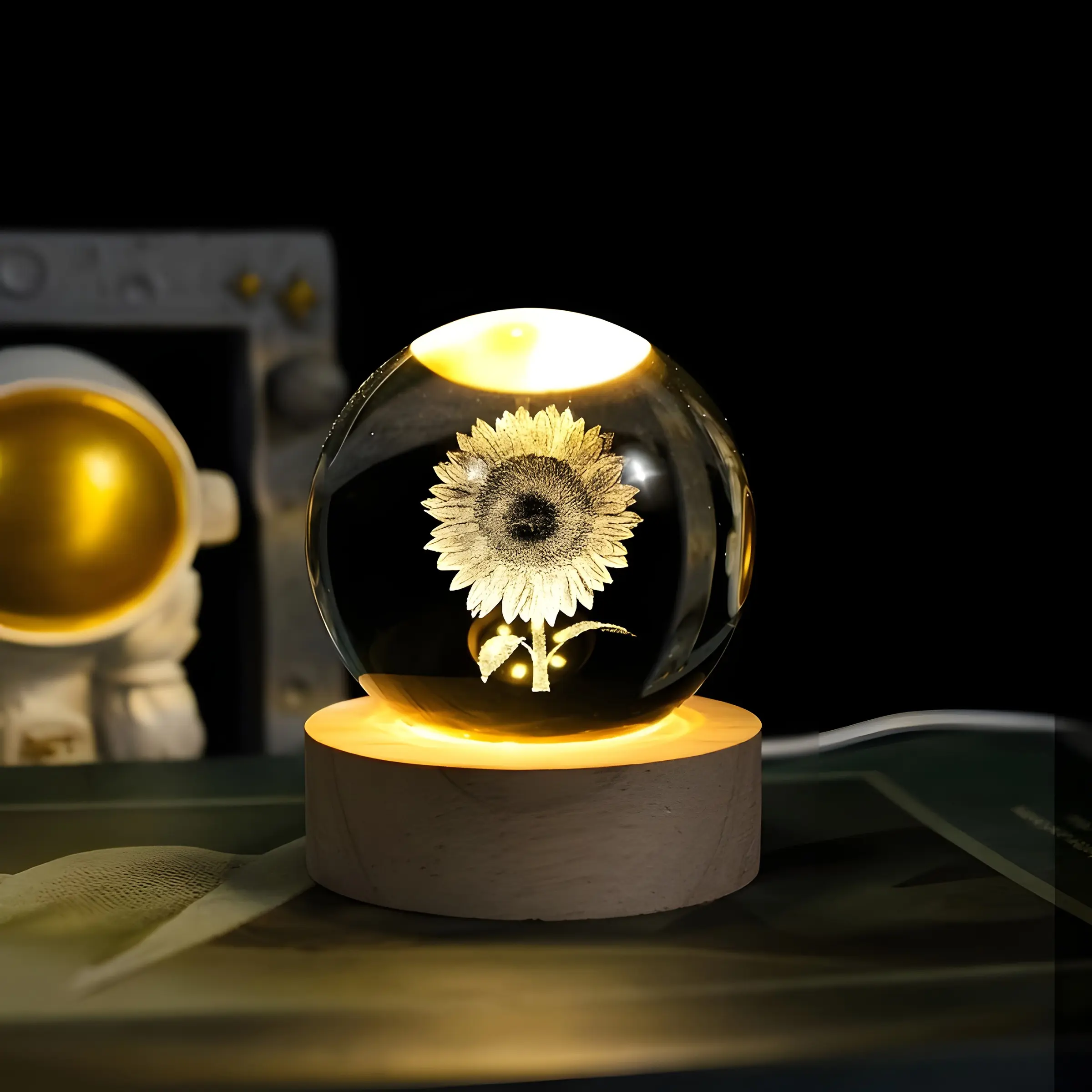 3D Sunflower Crystal Ball Night Light, Crystal Nightlight, USB Powered Colorful Switch Base, LED Lighting Atmosphere Decor, Perfect Gift for Home Office