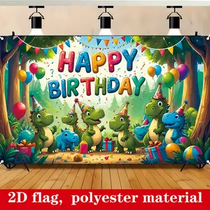 Happy Birthday Banner Flag, Polyester Fiber Dinosaur Theme Decorations, 180cm X 110cm, Indoor Outdoor Party Decoration, Dinosaur Backdrop