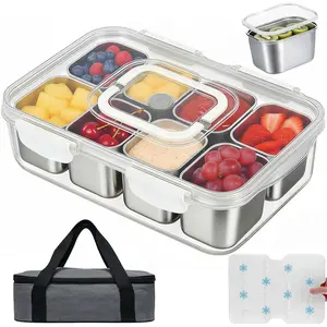 304 Stainless Steel Snackle Box Container with Ice Pack Insulated Bag, 8 Compartment Divided Serving Platter Box with Lid Handle for Beach Road Trip Boat Days Pool Party
