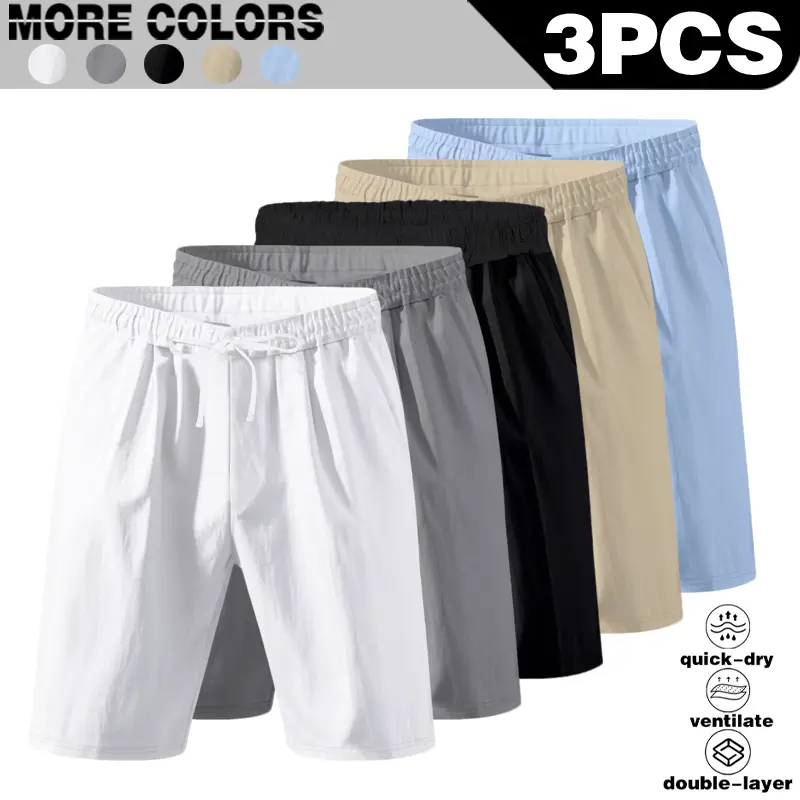 [ Summer Atmosphere ] Men's linen solid color summer casual shorts, lightweight and breathable, loose and casual, fashionable and versatile shorts 3PCS value combination