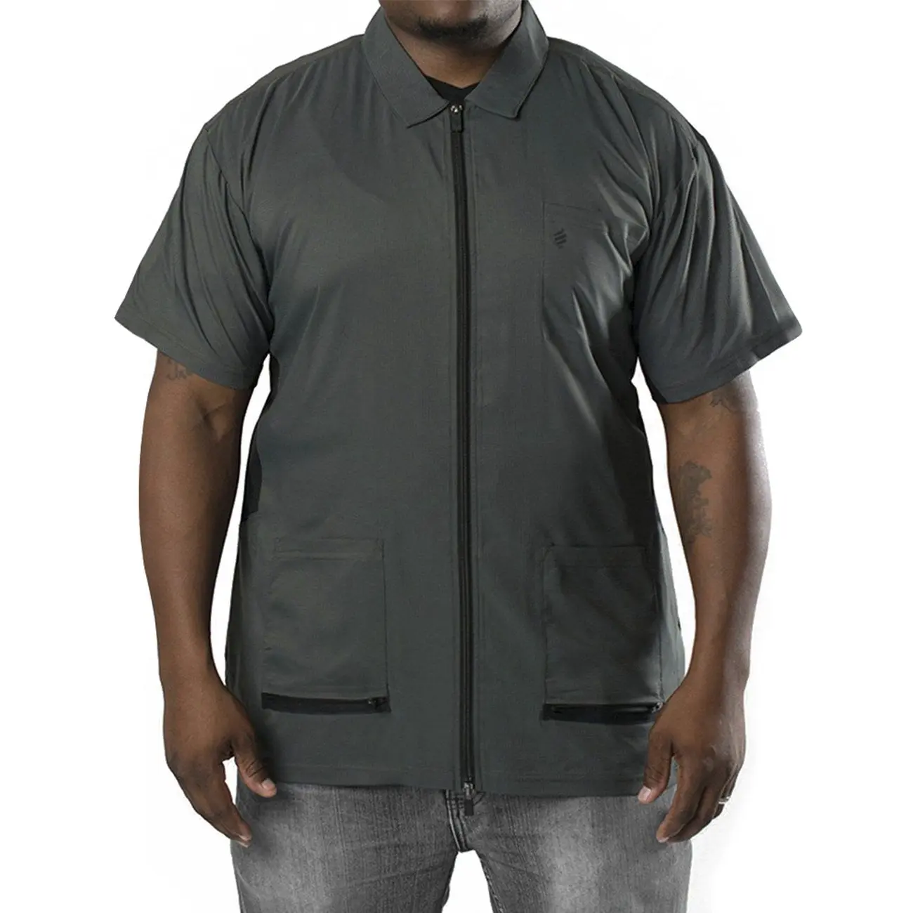 Barber Strong The Barber Jacket Grey Athletic Design Fit Ultra Lightweight Performance Fabric Water Resistant Hair Repellent Zipper Closure