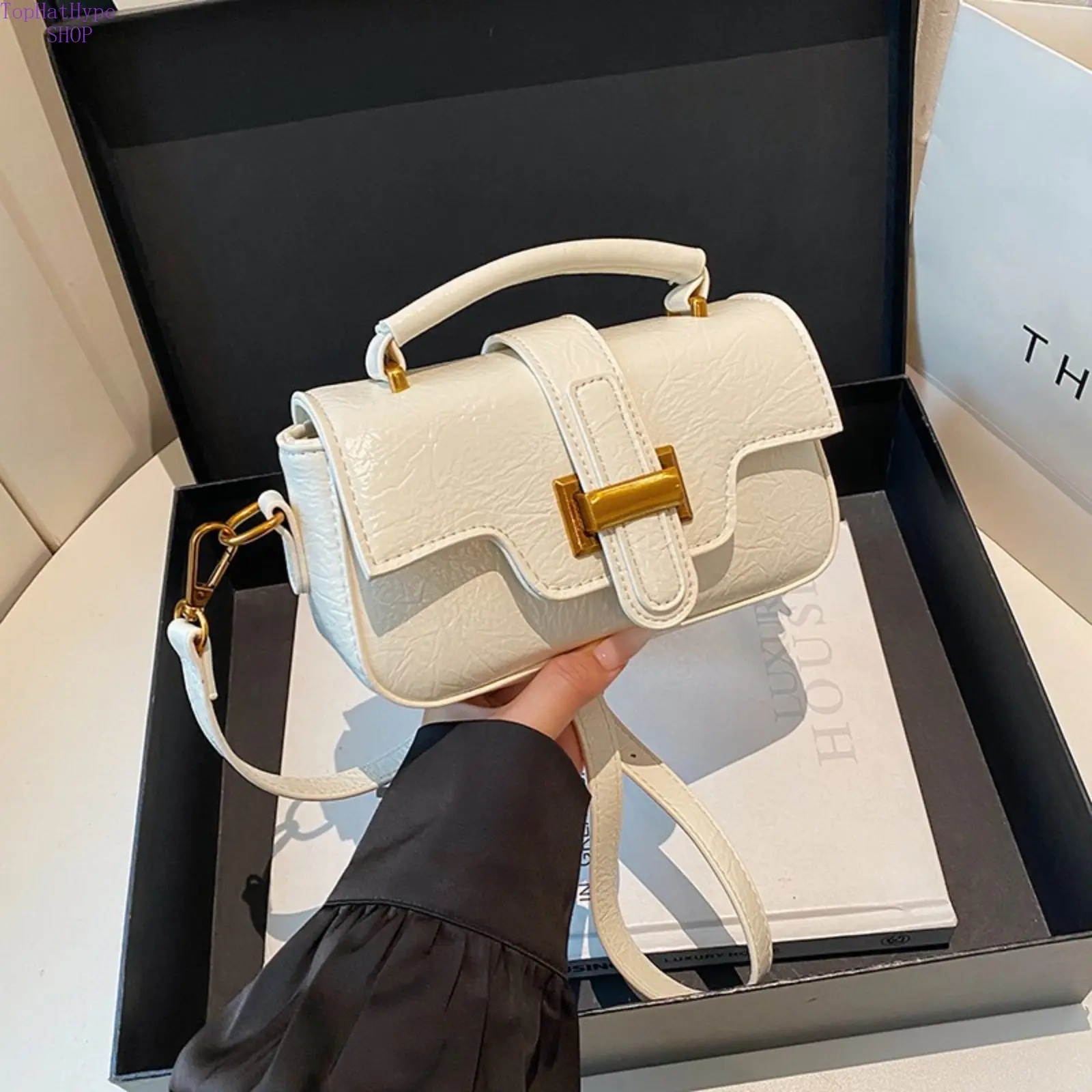 Women's Retro Glossy Crossbody Bag, Korean-Style Square Handheld Shoulder Purse for Daily Outings and Dating, Shoulder Strap, Glossy Finish, Square Shape, Shoulder Bag, Casual
