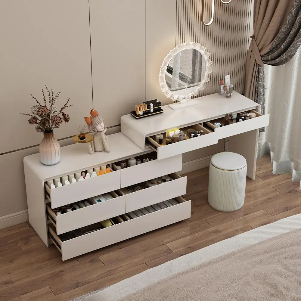 Light Luxury Cream-Toned Bedroom Vanity Table - Modern Minimalist Solid Wood Makeup Desk with Integrated Large-Storage Cabinet