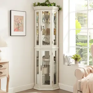 Lighted Corner Curio Cabinet - Glass Display Shelf with Tempered Glass Doors, Adjustable Shelving, and Included Bead Bulb - Ideal Bar Cabinet for Home Decor- WHITE