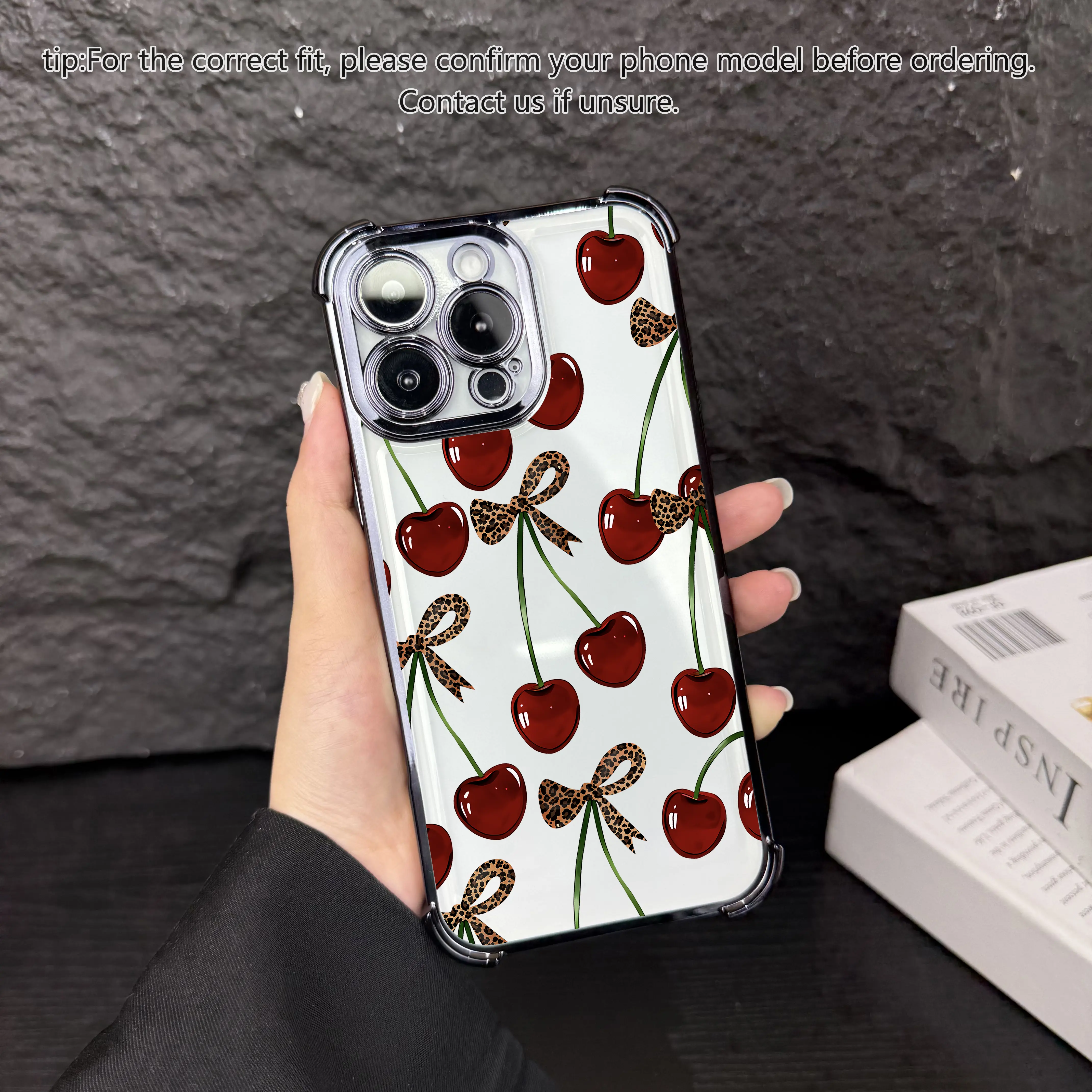 Elegant cherry pattern phone case, four corner airbag anti drop protection, anti yellowing electroplating ultra-thin TPU material, suitable for iPhone 17Pro Max Air 16 15 Plus 14 13 12 11 XR XS and Samsung Galaxy S25 S24 S23 S22 phone cases. A128, Accesso