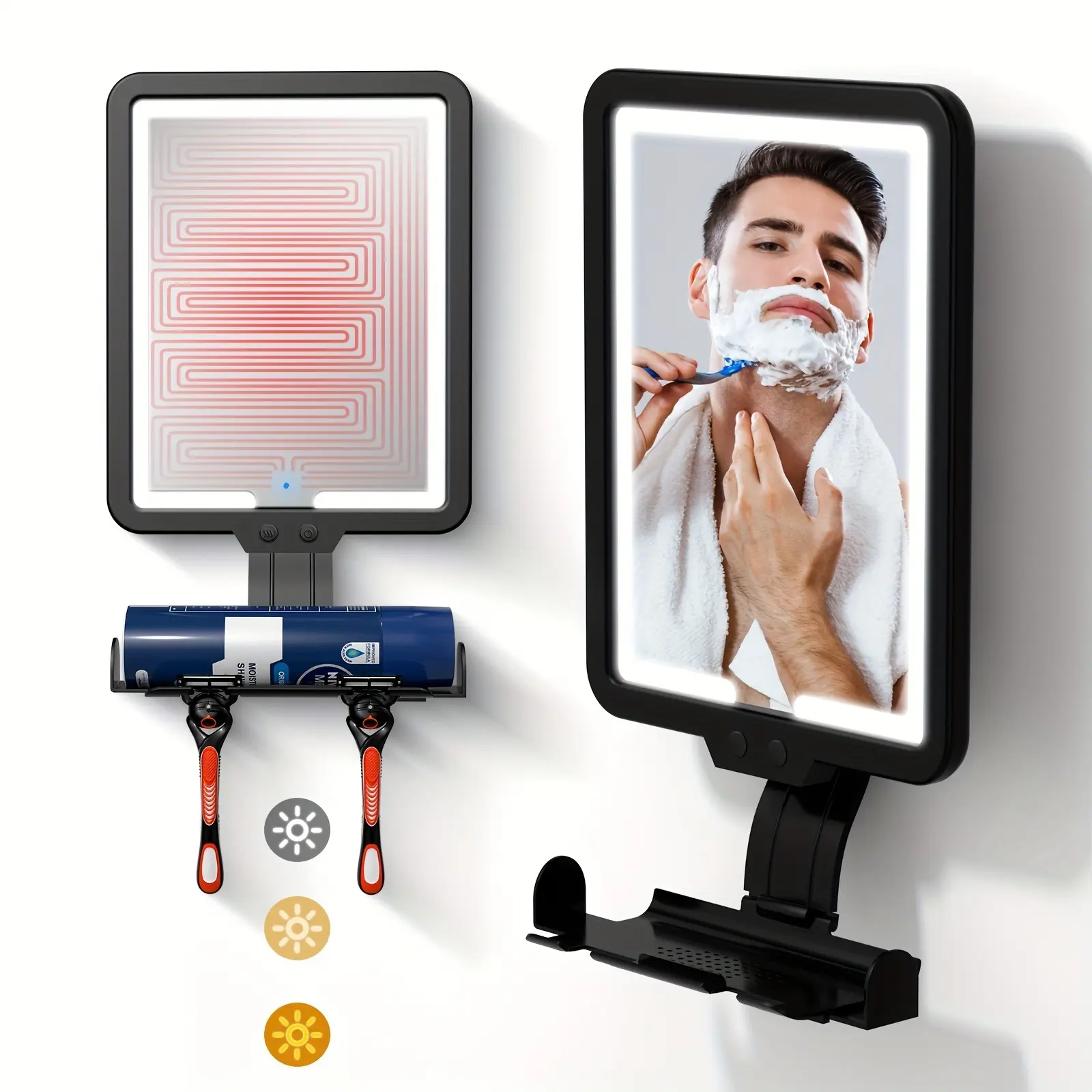 Anti-Fog Shower Mirror with LED Light for Shaving - Wall Mounted Bathroom Mirror with Heating Pad, 3 Color Lighting Modes & Dimmable, Built-in Razor Holder & Storage Shelf, Rechargeable Vanity Mirror