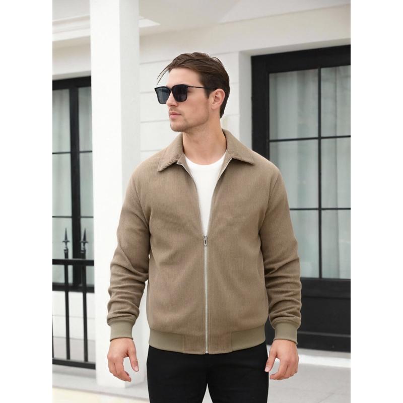 Men's Corduroy Bomber Jacket - Soft Pleated Navy Blue Zip-Up Casual Jacket for Outdoor Wear