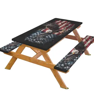 Vintage Distressed Soaring Bald Eagle American Flag Fitted 3PCS Picnic Table & Bench Cover Set, 72×30In, Waterproof, Stretchable Home & Festive Decor Table Cover
