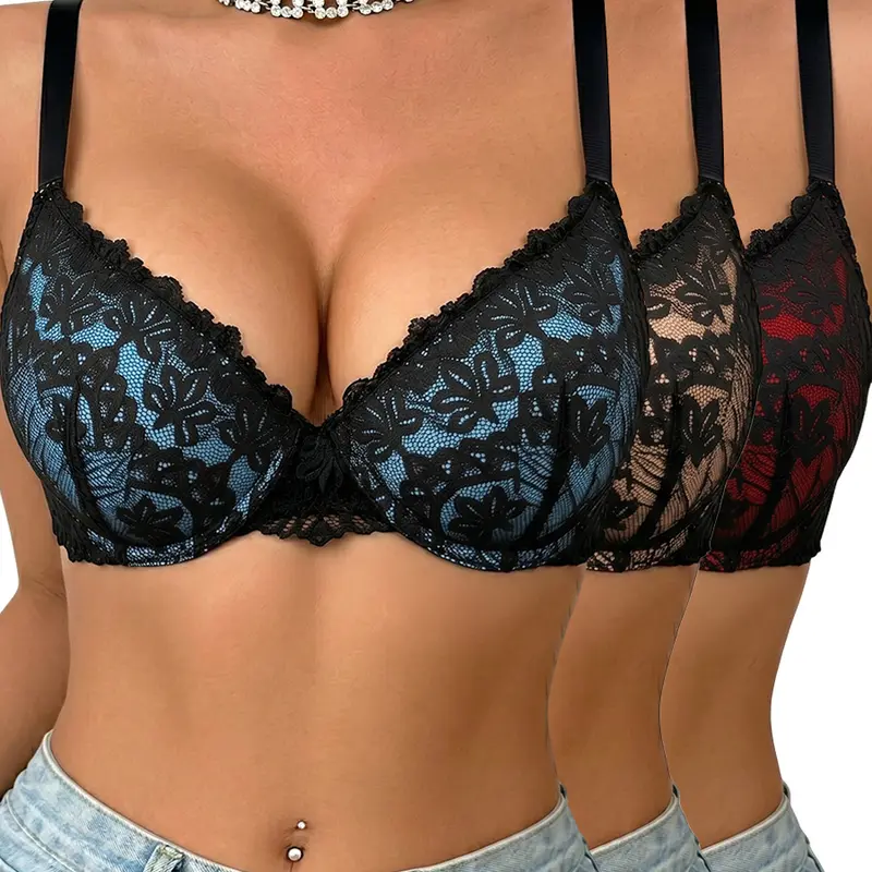 3pcs Stylish And Elegant Lace Bra with Comfortable Fit Everyday Womenswear,Push-Up Bras High Support, Non-Removable Padded Cups, Underwire & Breathable Lace Trim, Solid Color for Women,V-Neck Bras set Perfect Neckline Bra Contrast Lace Bras