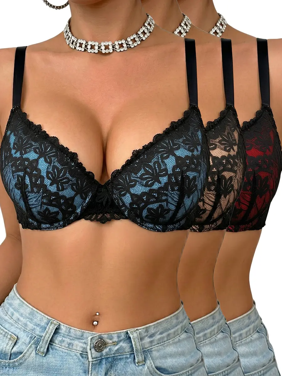3pcs Stylish And Elegant Lace Bra with Comfortable Fit Everyday Womenswear,Push-Up Bras High Support, Non-Removable Padded Cups, Underwire & Breathable Lace Trim, Solid Color for Women,V-Neck Bras set