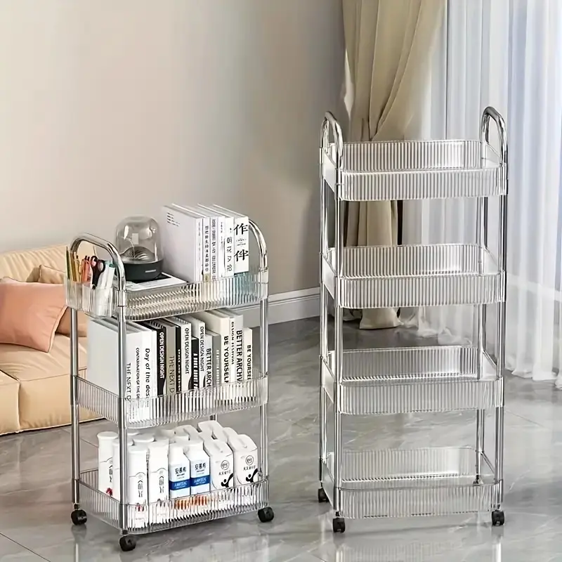 1pc Versatile 3-Tier Acrylic Storage Cart with 360 Swivel Wheels - Transparent Organizer, Clear Storage Rack for Office, Bedroom, Bathroom, Kitchen, Multi-Use, Floor-Standing with Metal Tubes, Sliding Shelves, Utility Racks, Clear Multilayer Storage