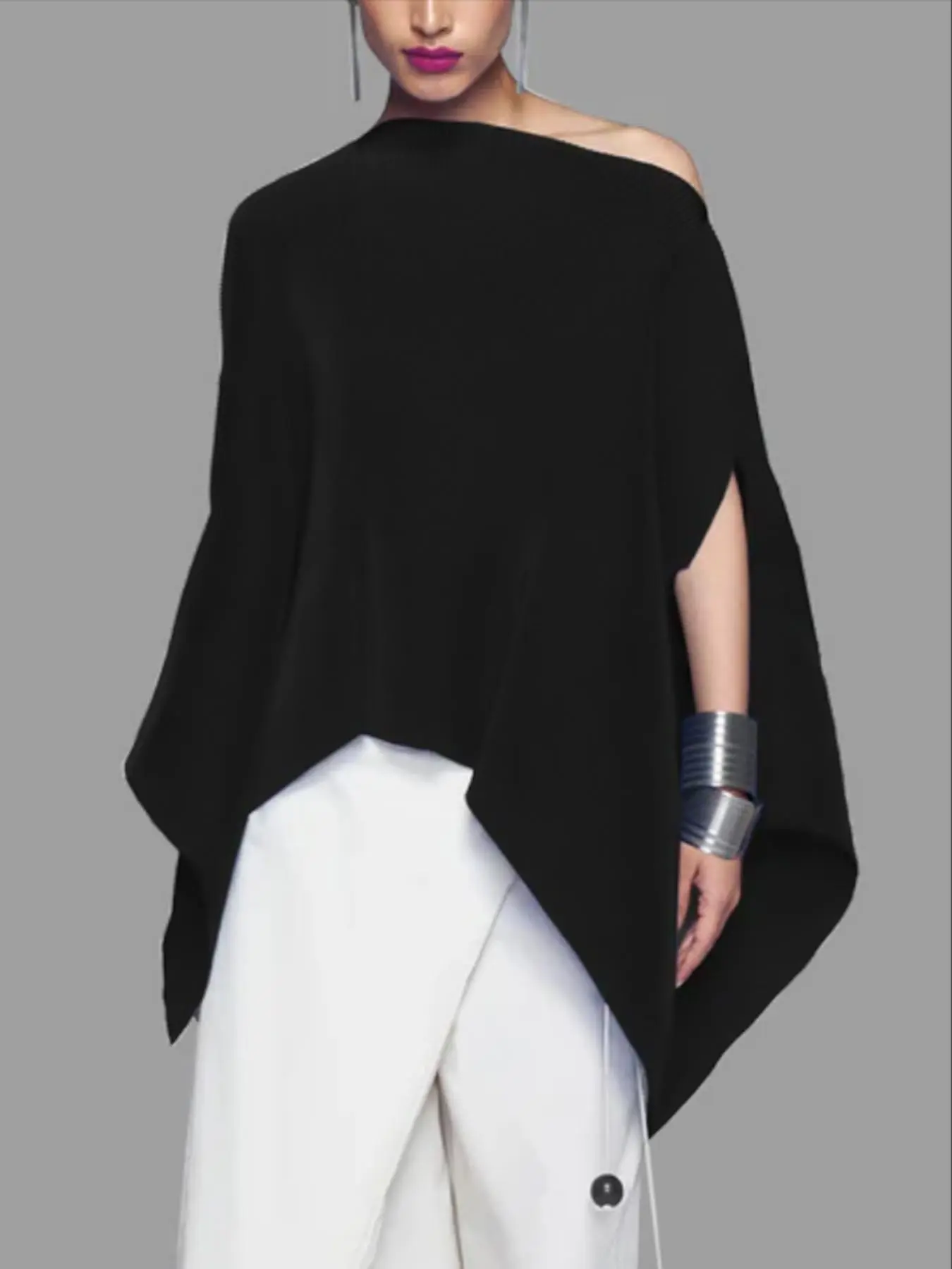 Women's Solid Color Batwing Sleeve Asymmetrical Hem Basic Tee, Shirts, Minimalist Casual Boat Neckline Long Sleeve Shoulder Pad Top for Fall & Winter, Women's Clothing for Daily Wear, Womenswear