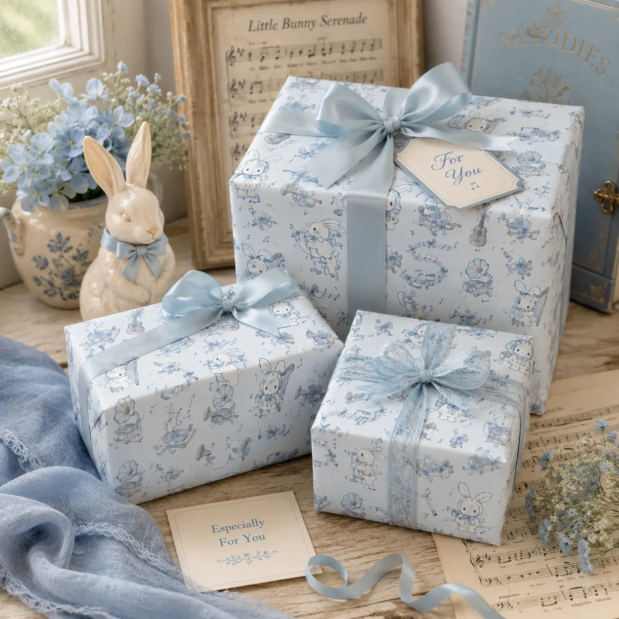 Vintage Blue Bunny Music Wrapping Paper, Cute Rabbit & Musical Instrument Gift Wrap, Soft Pastel Baby Blue Wrapping Paper