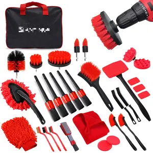 32Pcs Car Detailing Kit, Auto Detailing Brush Set and Drill Brush Attachments with Portable Handbag, Multi-Functional Vehicle Cleaning Tool for Wheels, Windshield