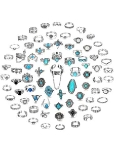 75 Pcs Vintage Turquoise Rings for Women Silver Knuckle Rings Bohemian Oval Gemstone Rings Western Rings Stackable Joint Finger Rings Midi Stacking Rings Set