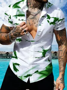 Men's Tropical Print Short Sleeve Collared Shirt, Summer Casual Breathable Fashion Men's Wear, White Green Leaf Pattern Shirt, Hawaii Shirt