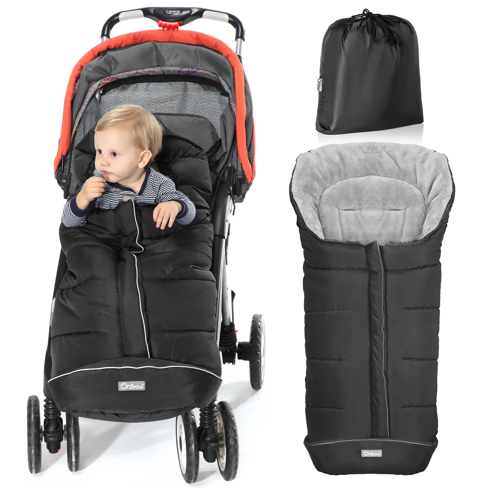 Orzbow Universal Stroller Bunting Bag with Extra Footmuff for Toddler, Kids, Warm Stroller Waterproof Blanket, Winter Stroller Cover, Sleeping Bag for Babies to Protect from Cold Wind, Black