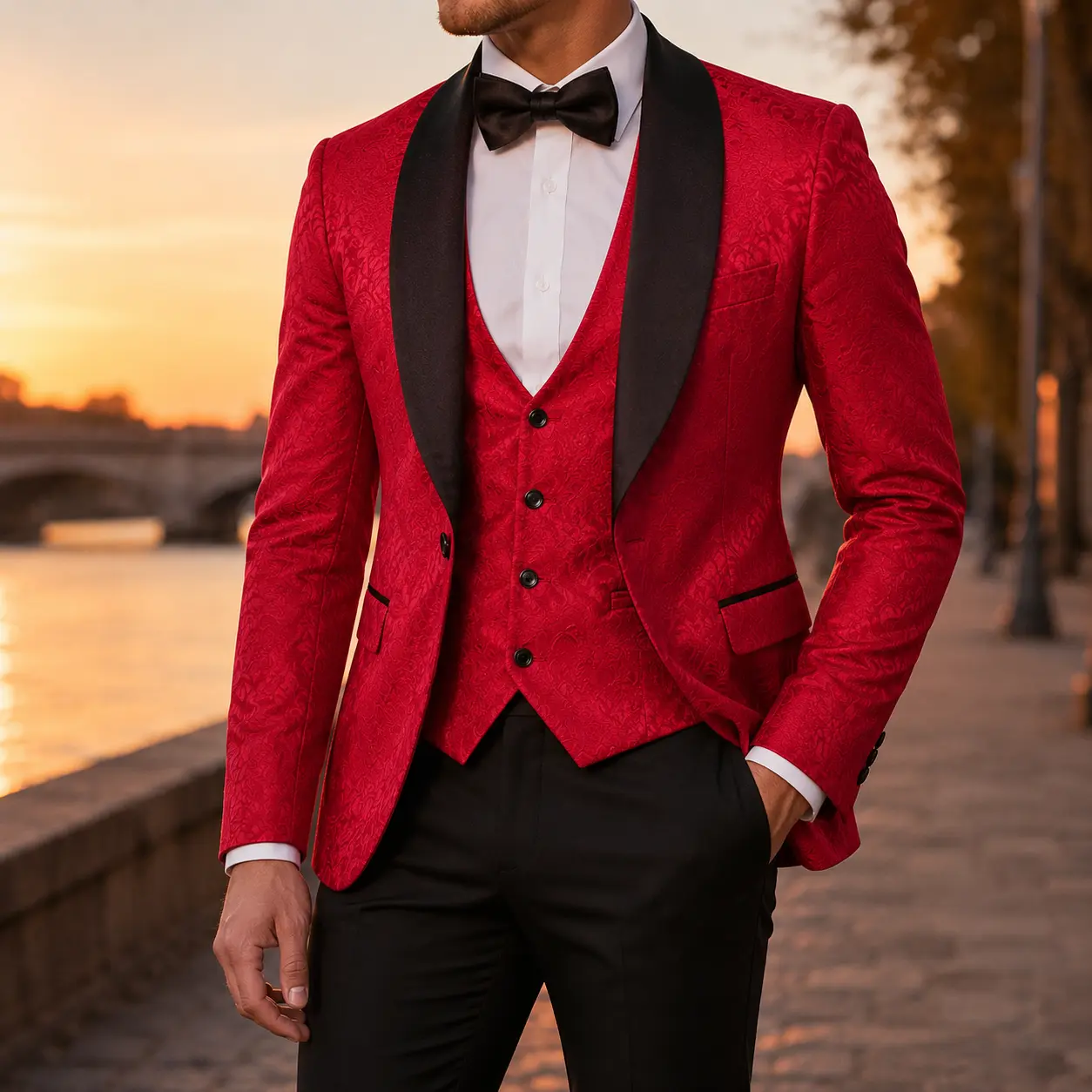 Men's 3 Piece Suit Set with Jacket Vest Pants and Bow Tie, Formal Tuxedo Style Suit for Wedding Party Prom Event Business Occasion