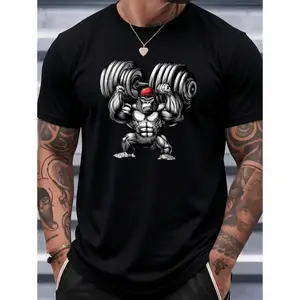 Men's Quick-Dry Gym T-Shirt - Breathable Workout Shirt With Barbell Lift Graphic - Lightweight Moisture-Wicking Tee For Bodybuilding