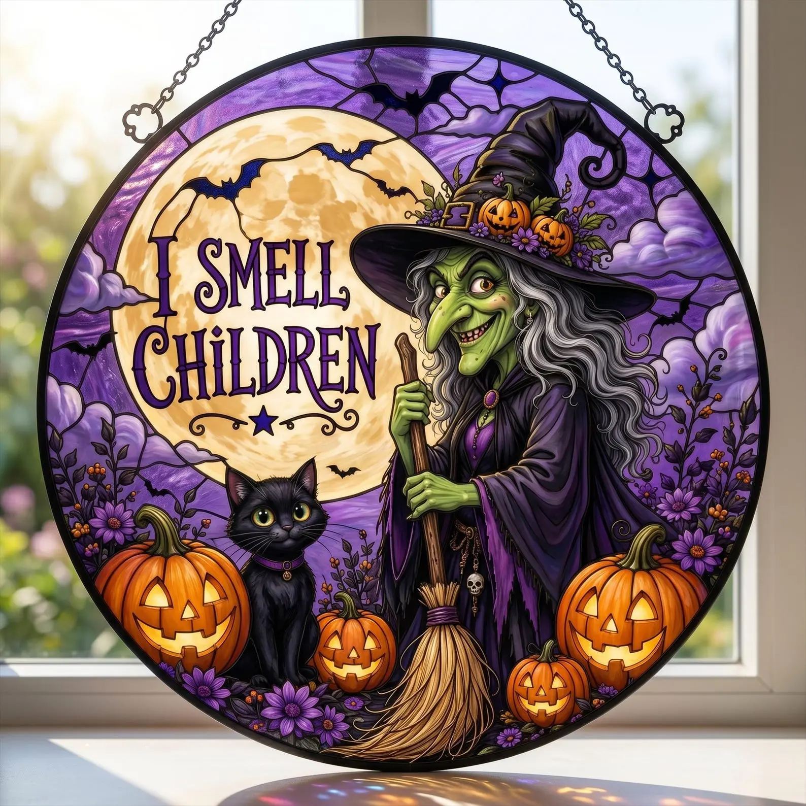I Smell Children Witch Suncatcher, Halloween Stained Glass Window Hanging Decor, Black Cat Pumpkin Ornament, Funny Spooky Autumn Gift for Mom