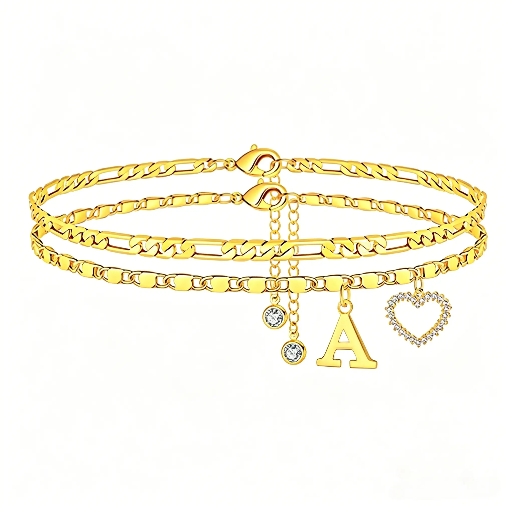 Gold Plated Anklet for Women, Personalized Stacked Chain with Initial & Rhinestones, Waterproof Jewelry, Birthday Anniversary Gift, Anklets, Pool Parties, Anti-Tarnish, Copper Base, Figaro Links, Stacked Layers, Comfortable Fit, Crystal, Daily, Double Lay