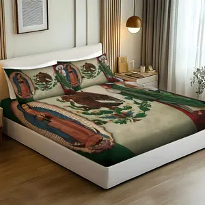 3PCS Our Lady of Guadalupe & Mexican Flag Fitted Sheet Set, Saint Jude Bed Sheet Set, Soft Microfiber Bedding Set (No Fillers), Bedding Supplies, Bed Sheets Set, Religious Patriotic Print Mattress Cover for Mexican Heritage, Bedroom & Dorm Decor