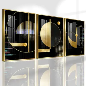3 Count Aluminum Alloy Frame Canvas, Fashion Poster, Geometric Gold And Black Abstract Art, Modern Living Room Decoration, Light Luxury Family Art, Suitable For Bedroom, Corridor And Office Aesthetic Wall Decor, Gift