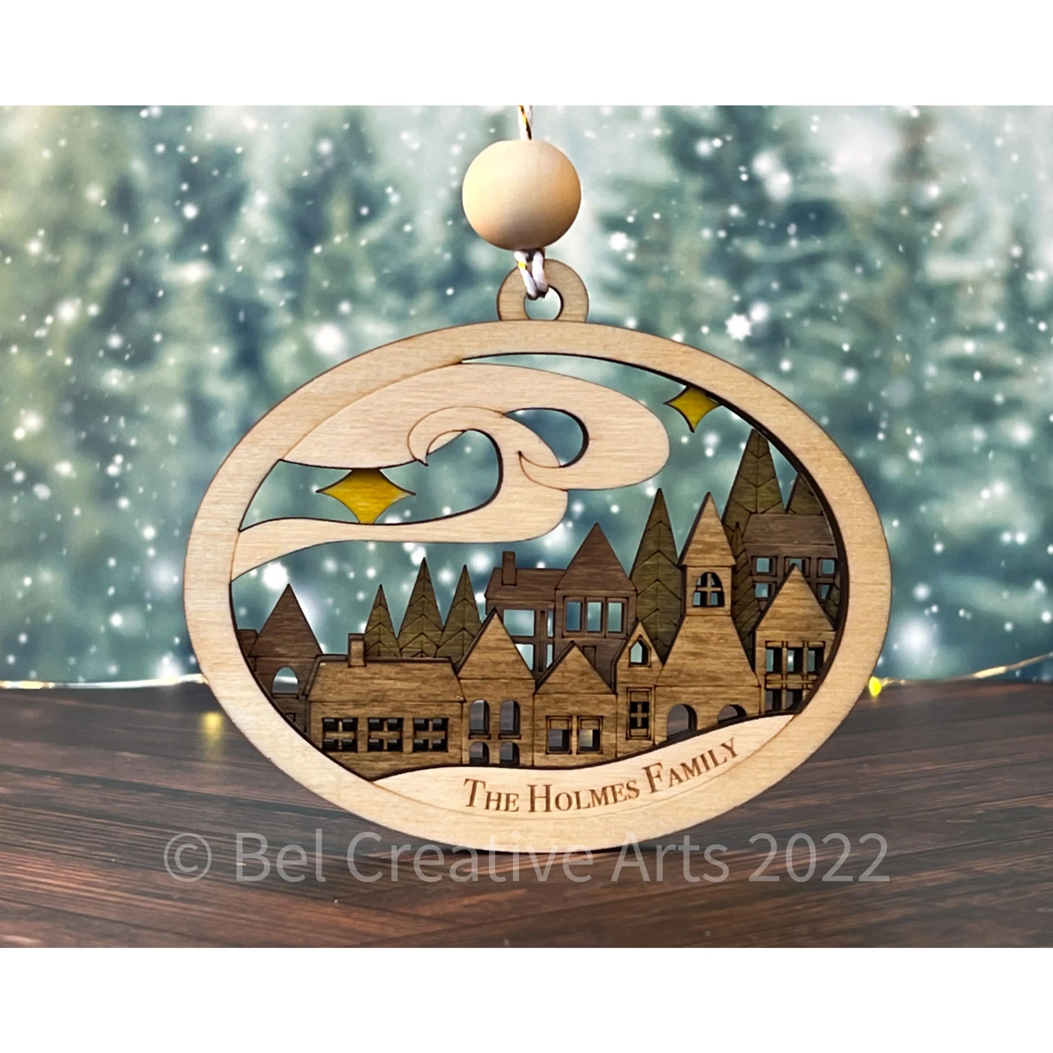 Winter Village 3D Wooden Christmas Ornament, hand made in USA