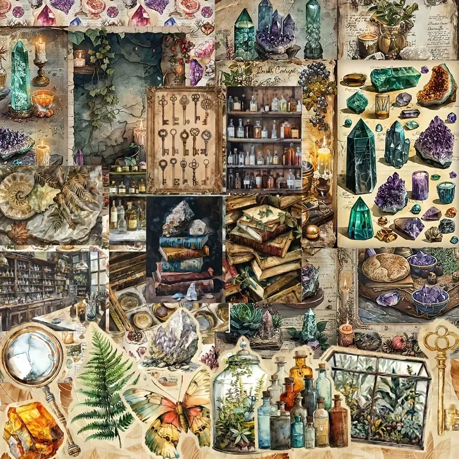 Crystal & Herb Pattern Background Paper & Sticker Set, 64pcs/set DIY Decorative Paper & Sticker, Suitable for Gift Tag, Scrapbooking Supplies, Scrapbook Materials, Greeting Cards, Art Stickers, Scrapbook Accessories, Scrapbooking Ephemera