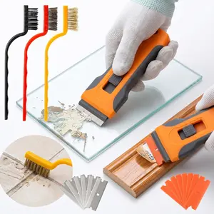 Retractable Razor Scraper Tool Kit, Includes 3 Pcs Wire Brushes & 20 Pcs Replacement Blades, Multipurpose Glue Paint Sticker Remover for Home, Auto Detailing