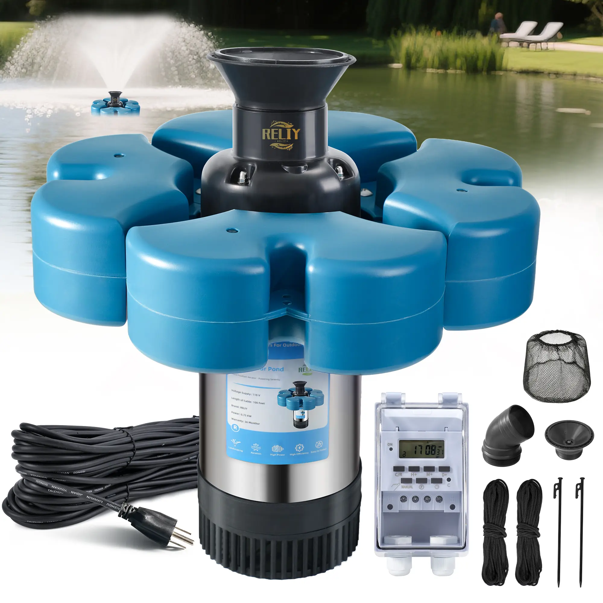 RELIY Pond Fountain , 15000 GPH 110V 1HP Fountain Pump, Fully Automatic Powerful Lake Floating Fountain, 100 FT Power Cord, 2x100 FT Traction Rope, Pond Fountains For Large Ponds