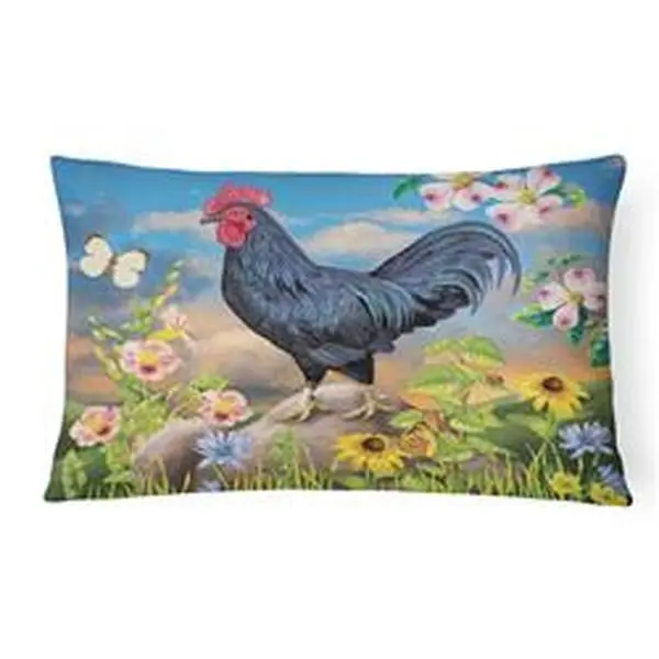 Black Rooster Canvas Fabric Decorative Pillow, 12 x 3 x 16 in., Fade Resistant, Machine Washable